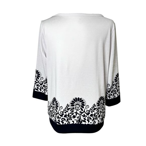 T by Talbots White Navy Floral Paisley Drawstring Hem 3/4 Sleeve Top - Picture 5 of 7